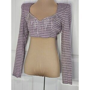 Bershka Laced Open Back Cropped Top Rhinestone Fringe Pink Black And White Tweed